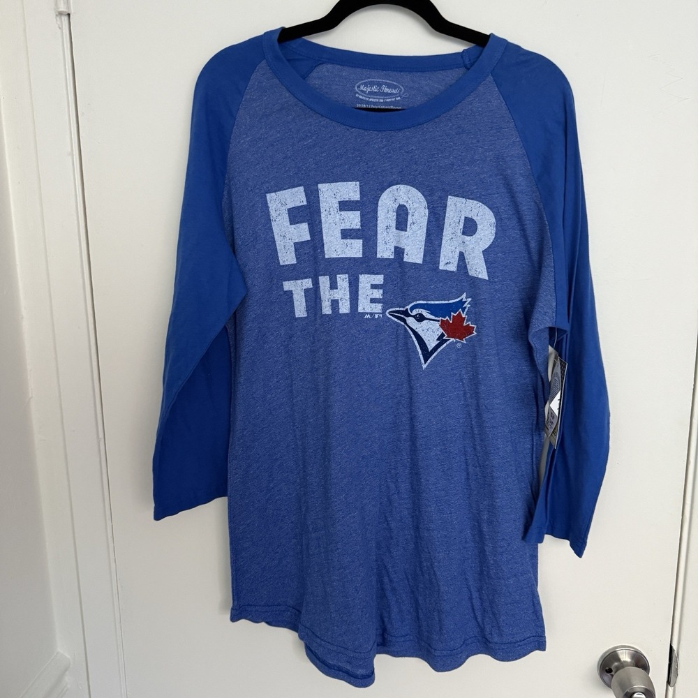 MLB Majestic Threads "Fear the…"Toronto Blue Jays 3/4 Sleeve Shirt Large NWT